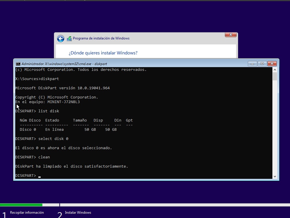 Disco 0 formateado y limpiado completamente usando el comando clean Comando clean en Diskpart